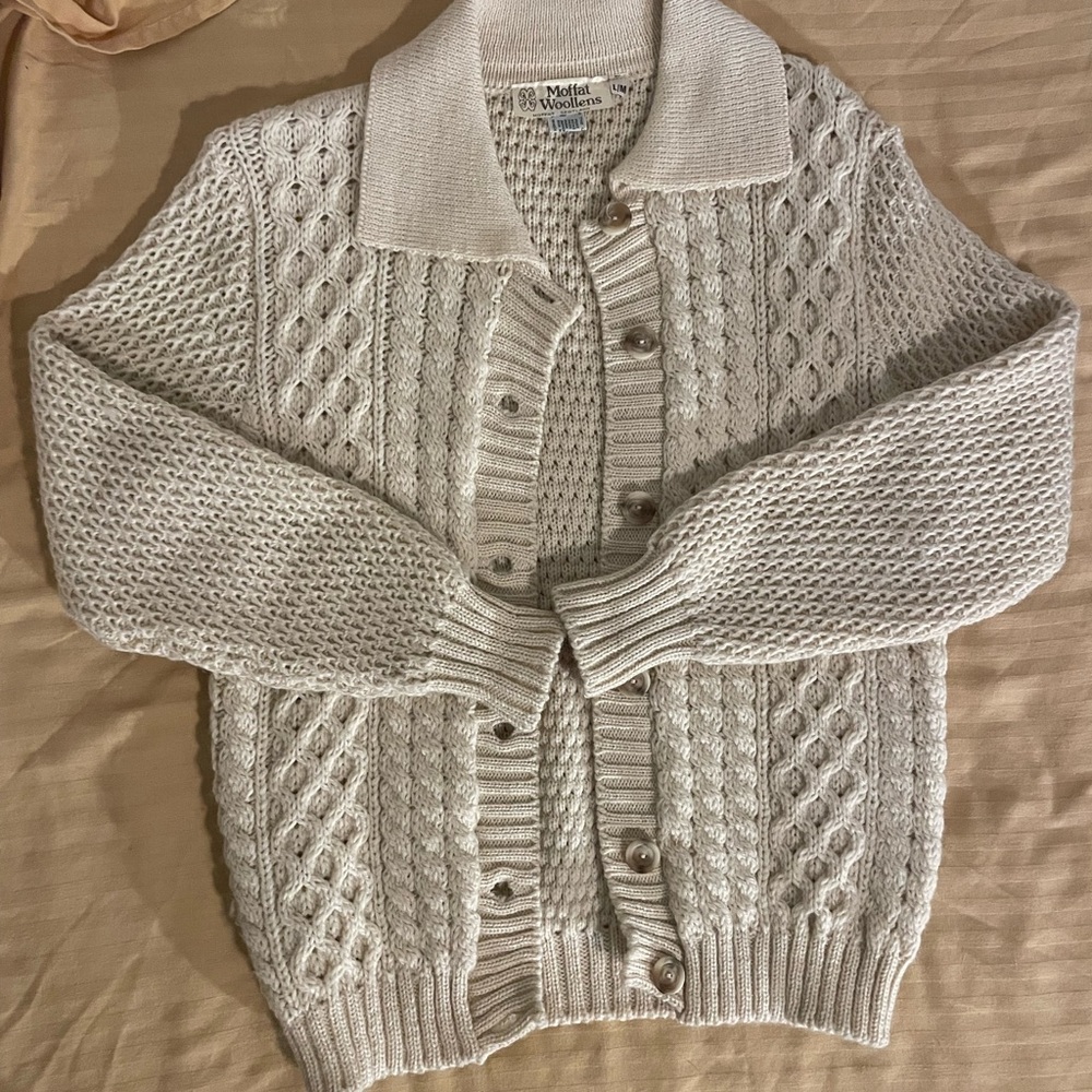 90’s Vintage Moffat Woollens Scotland 100% Pure Wool Aran Old Money Cardigan M